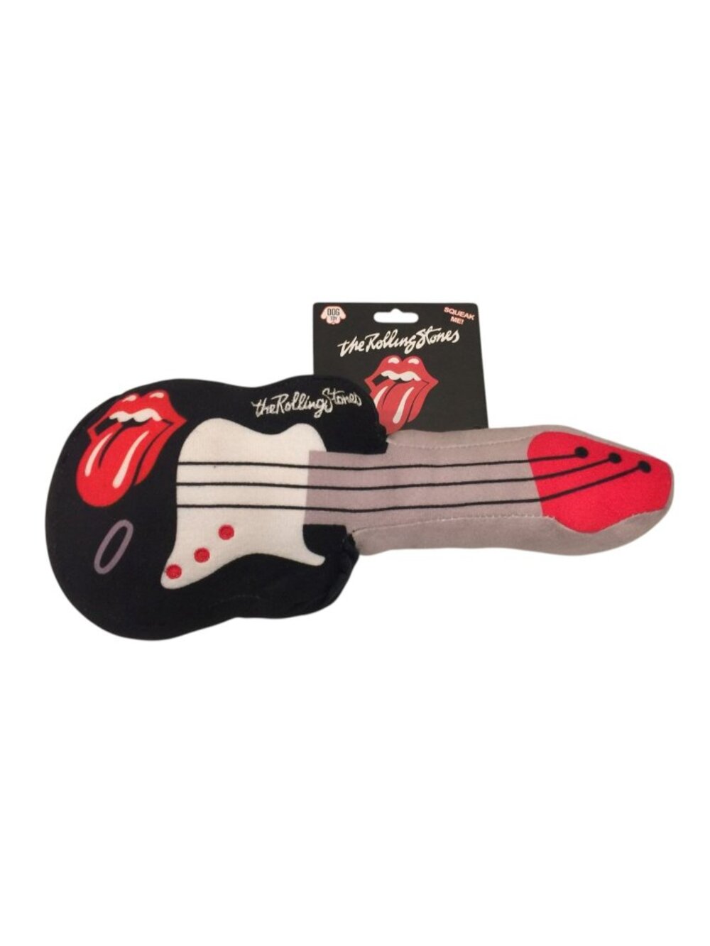 the Rolling Stones Icon Tongue Sticking Out Guitar 12" Plush Dog Toy Squeak